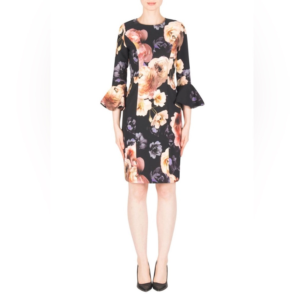 Joseph Ribkoff cocktail dress, large floral print with bell sleeve. Size 10
